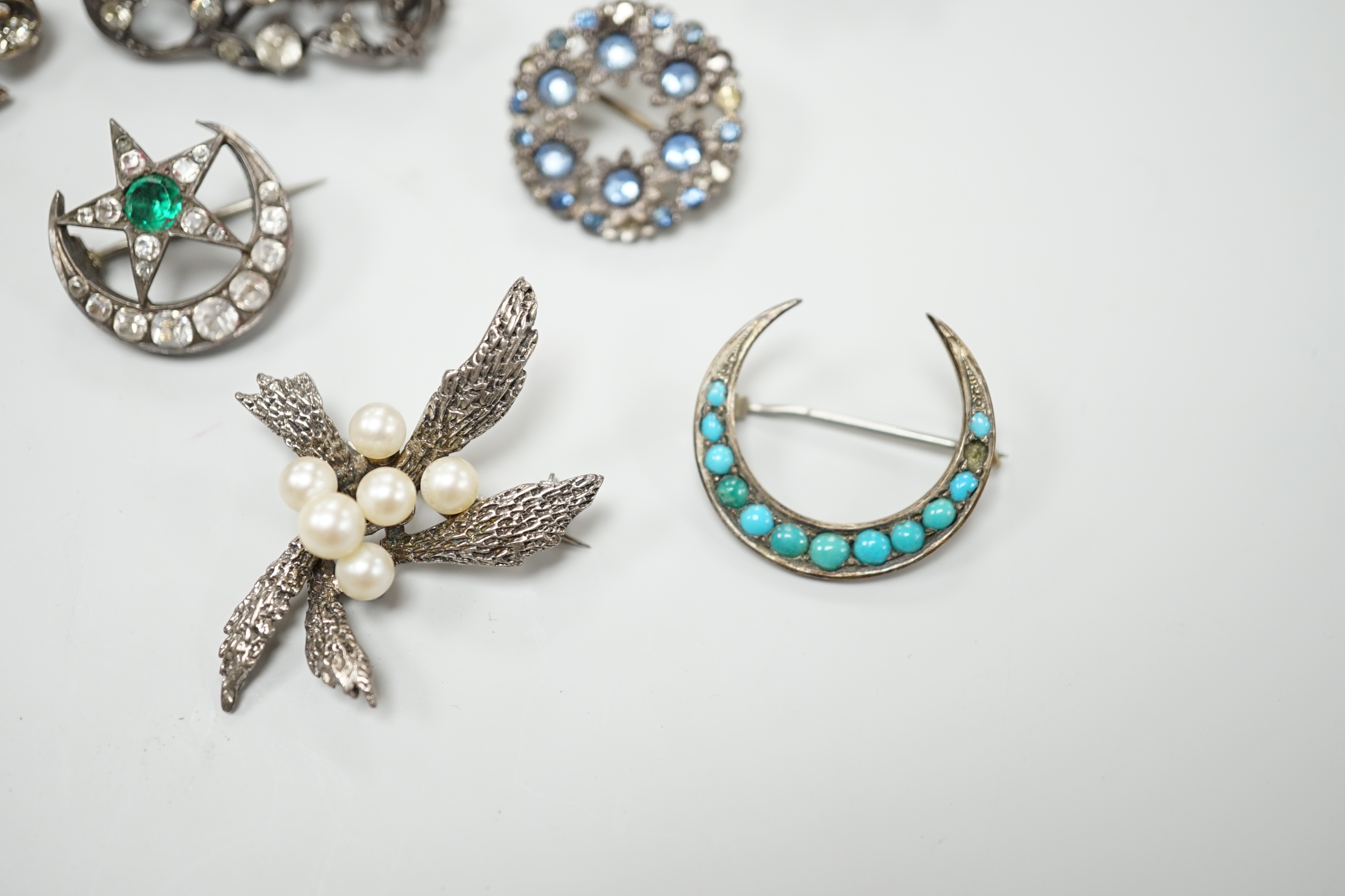 A group of mainly paste set jewellery including a pair of 9ct gold, silver and paste drop earrings and an opal set constellation brooch